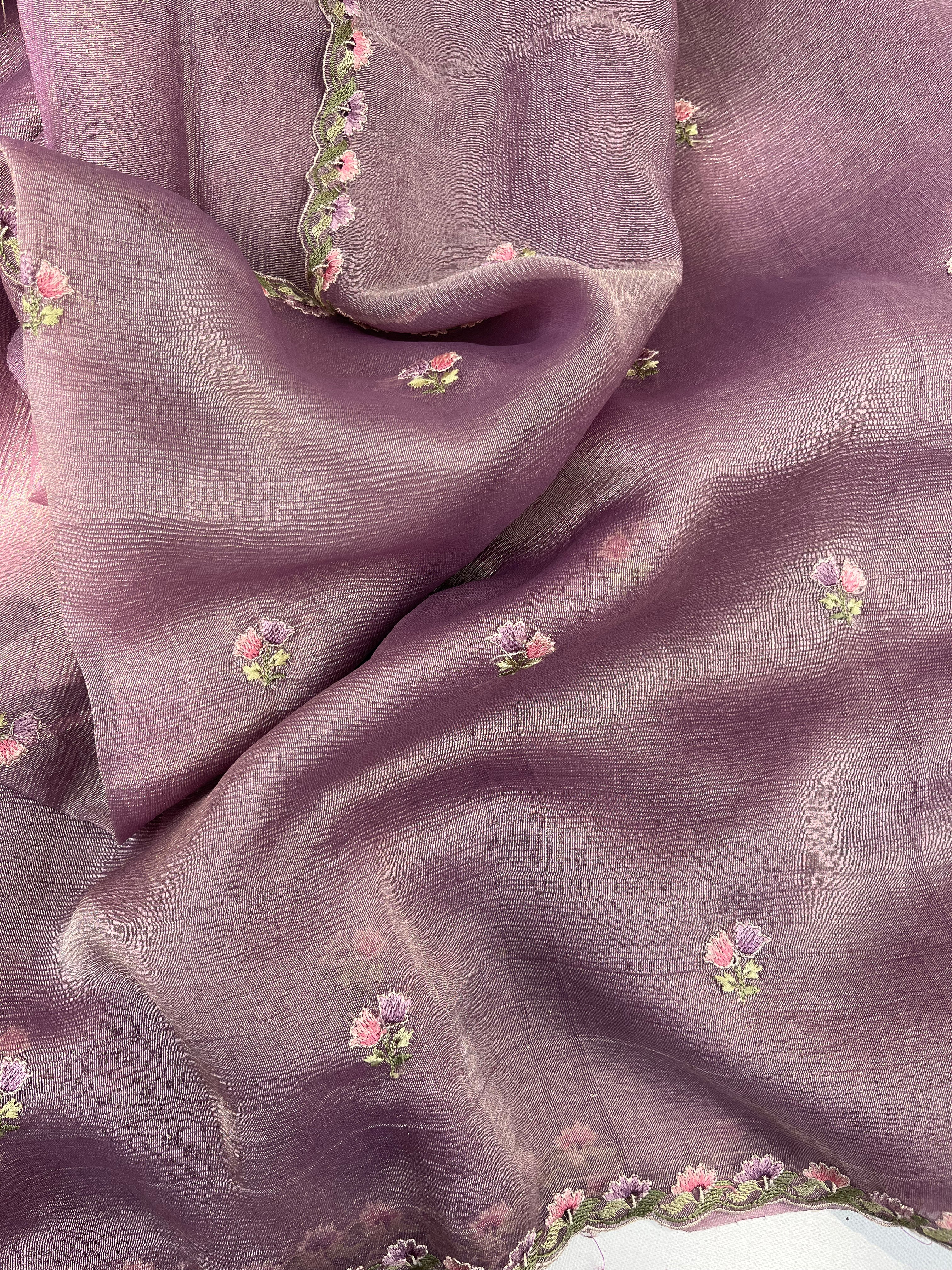 Purple Floral Crushed Tissue Organza Saree